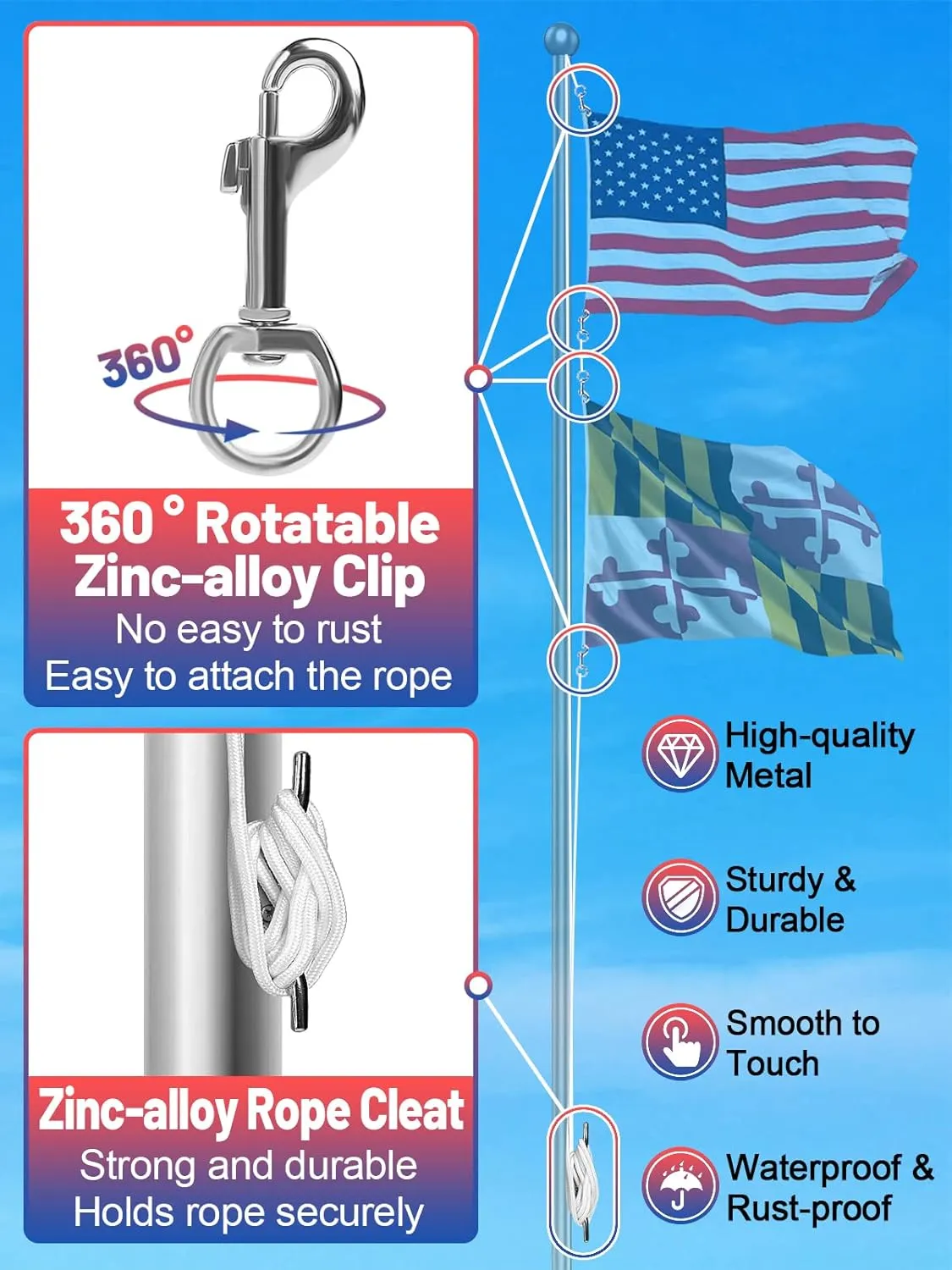 PAMASE Flag Rope and Clips Kit - 100ft Flag Pole Rope Halyard with Cleat Hook & 4 Pcs Swivel Snap Clips for Flagpoles Up to 50ft, Outdoor Porch Flagpoles Repair Replacement Parts Accessories