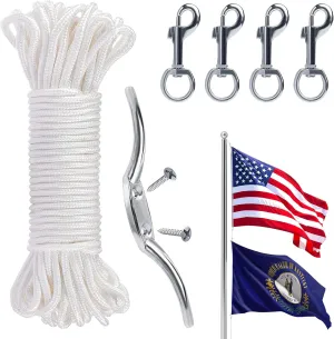 PAMASE Flag Rope and Clips Kit - 100ft Flag Pole Rope Halyard with Cleat Hook & 4 Pcs Swivel Snap Clips for Flagpoles Up to 50ft, Outdoor Porch Flagpoles Repair Replacement Parts Accessories