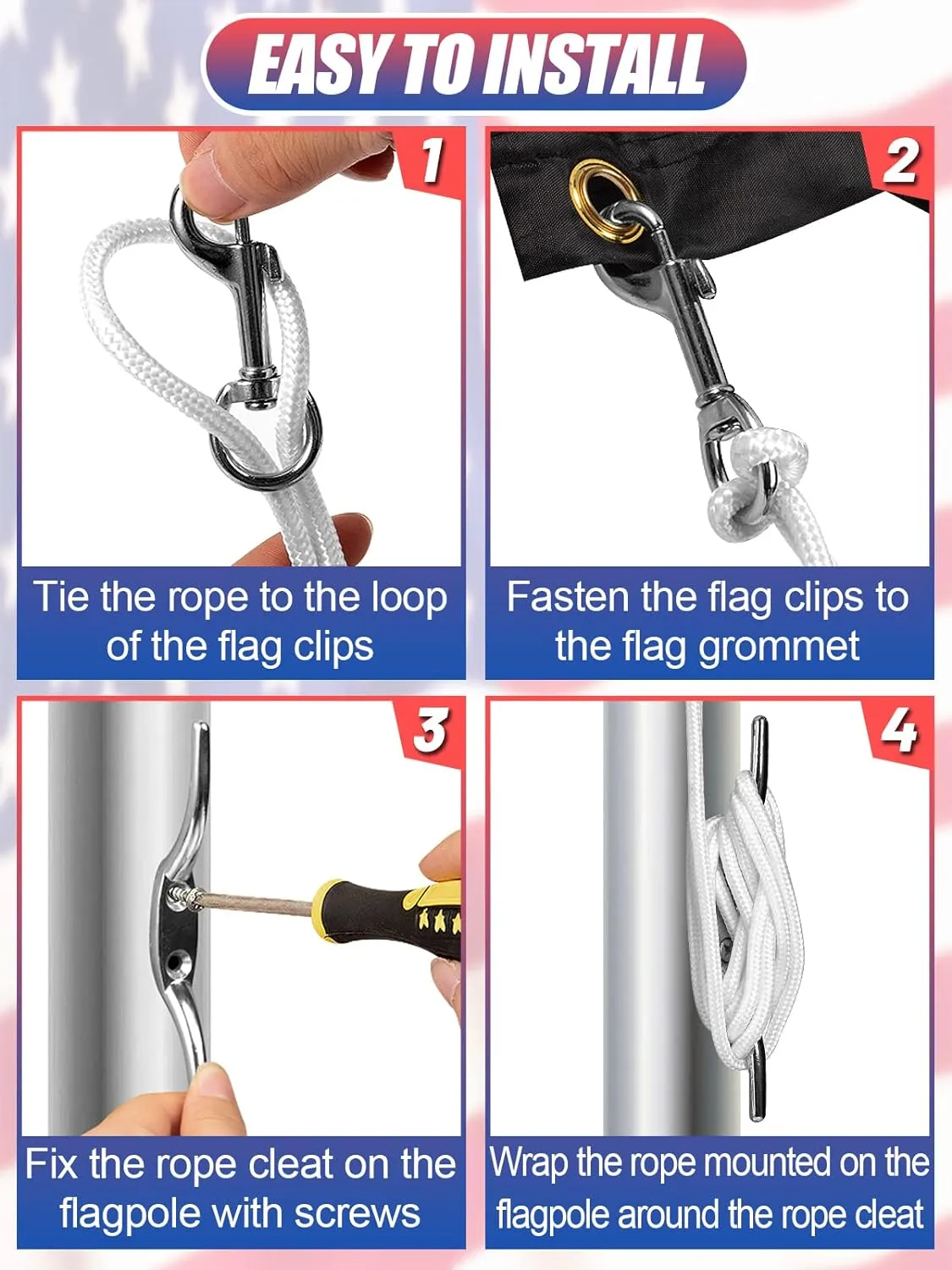 PAMASE Flag Rope and Clips Kit - 100ft Flag Pole Rope Halyard with Cleat Hook & 4 Pcs Swivel Snap Clips for Flagpoles Up to 50ft, Outdoor Porch Flagpoles Repair Replacement Parts Accessories