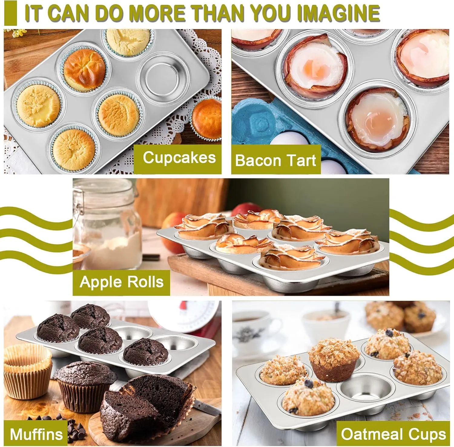 P&P CHEF Muffin Pan Cupcake Baking Pan Set, Stainless Steel Muffin Tin Tray for Mini Cake Tart Quiche, Oven & Dishwasher Safe, Non-toxic & Heavy-duty, (6 Cup, 4Pcs)