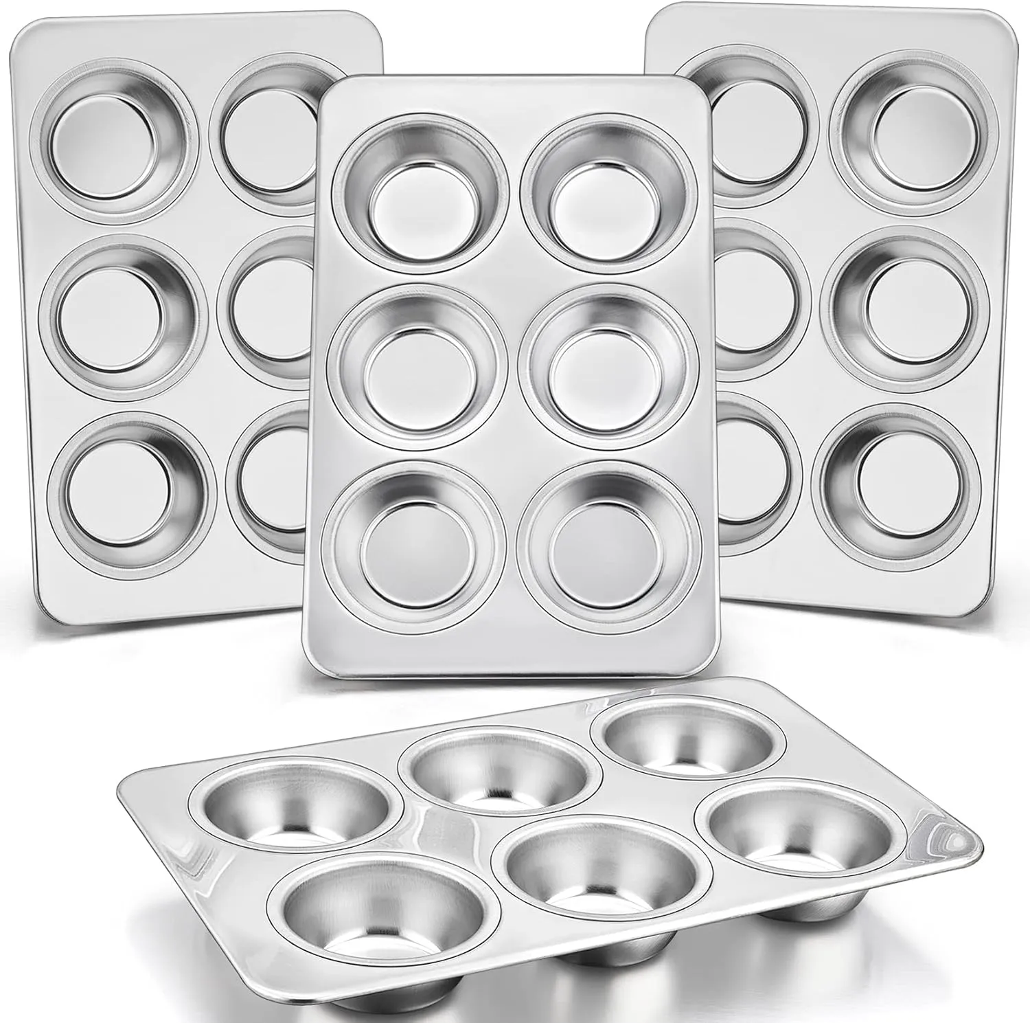 P&P CHEF Muffin Pan Cupcake Baking Pan Set, Stainless Steel Muffin Tin Tray for Mini Cake Tart Quiche, Oven & Dishwasher Safe, Non-toxic & Heavy-duty, (6 Cup, 4Pcs)