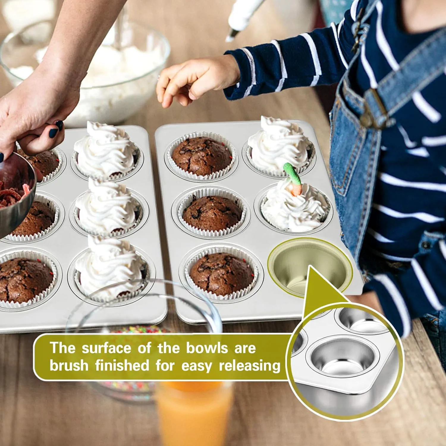 P&P CHEF Muffin Pan Cupcake Baking Pan Set, Stainless Steel Muffin Tin Tray for Mini Cake Tart Quiche, Oven & Dishwasher Safe, Non-toxic & Heavy-duty, (6 Cup, 4Pcs)