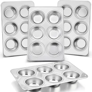 P&P CHEF Muffin Pan Cupcake Baking Pan Set, Stainless Steel Muffin Tin Tray for Mini Cake Tart Quiche, Oven & Dishwasher Safe, Non-toxic & Heavy-duty, (6 Cup, 4Pcs)