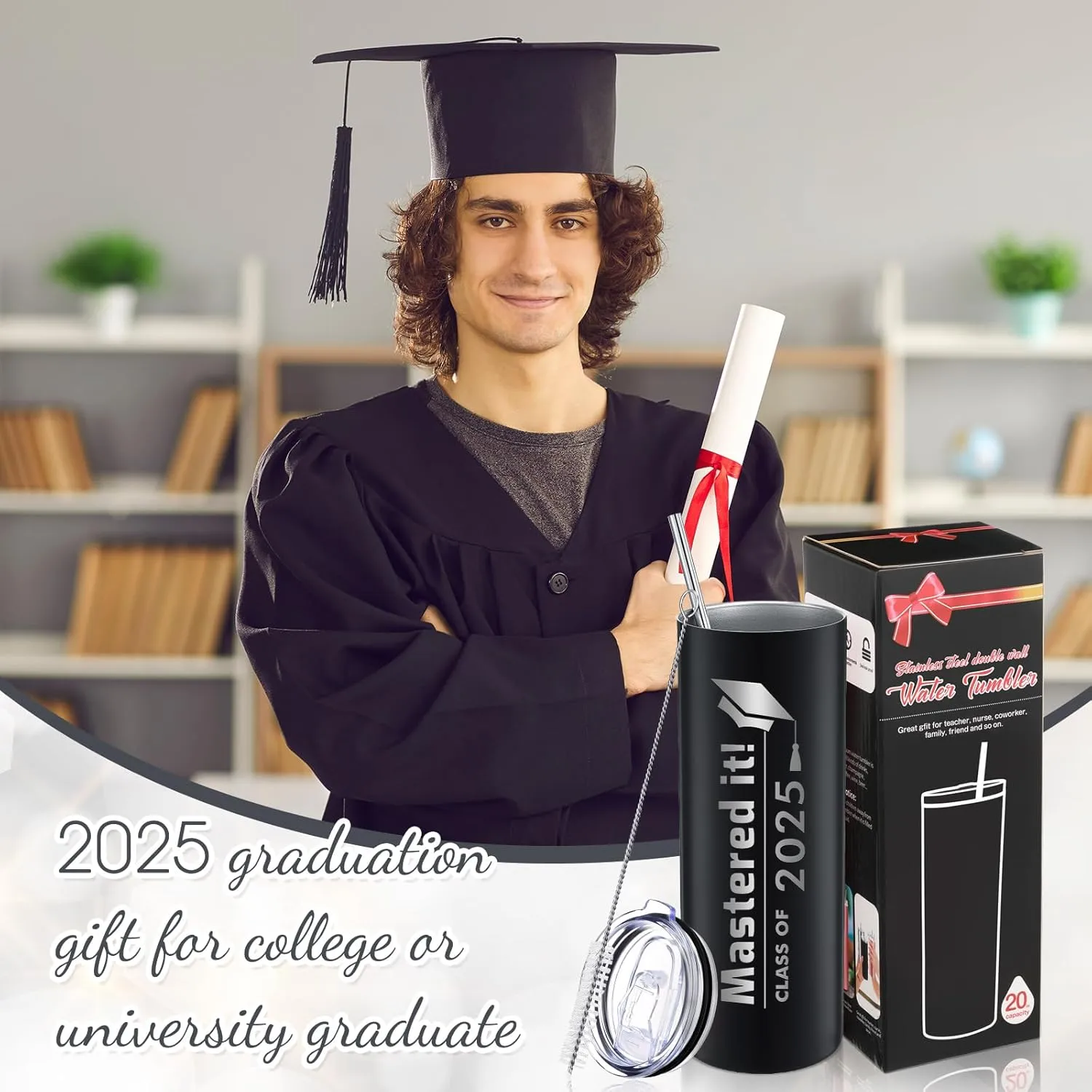 Patelai Graduation Gifts for Mastering Degree, Mastered It 2025 Masters Graduation Coffee Mug for High School College Graduate, 20 oz Water Tumbler with Gift Box Straw and Brush (Black,1 Pc)