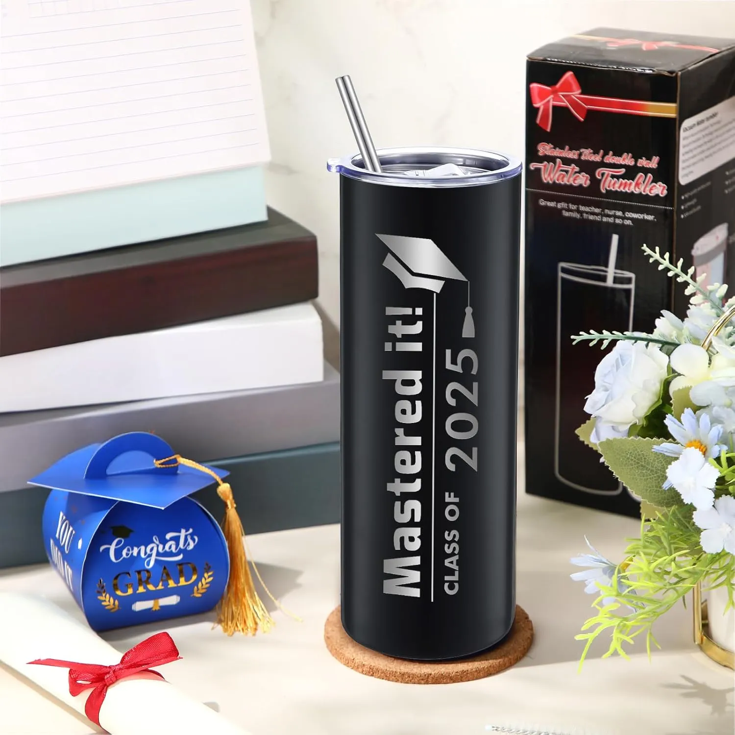 Patelai Graduation Gifts for Mastering Degree, Mastered It 2025 Masters Graduation Coffee Mug for High School College Graduate, 20 oz Water Tumbler with Gift Box Straw and Brush (Black,1 Pc)