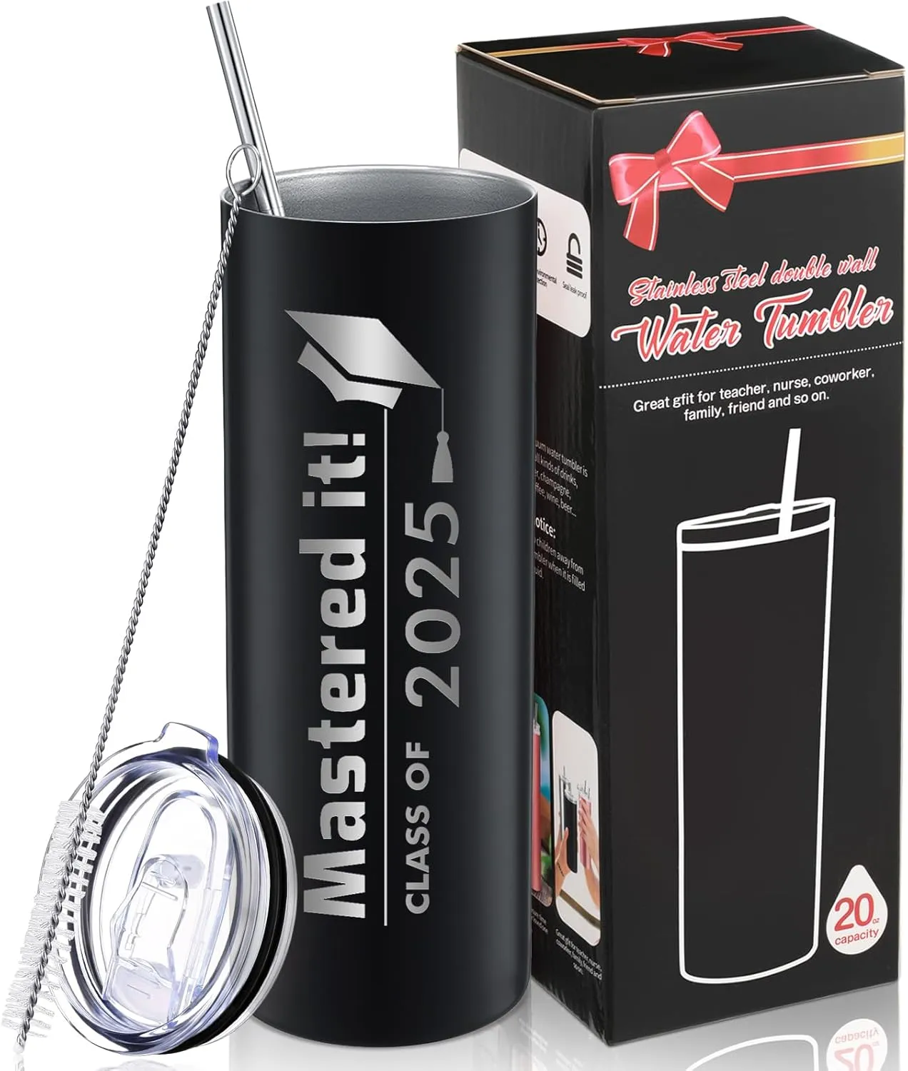 Patelai Graduation Gifts for Mastering Degree, Mastered It 2025 Masters Graduation Coffee Mug for High School College Graduate, 20 oz Water Tumbler with Gift Box Straw and Brush (Black,1 Pc)