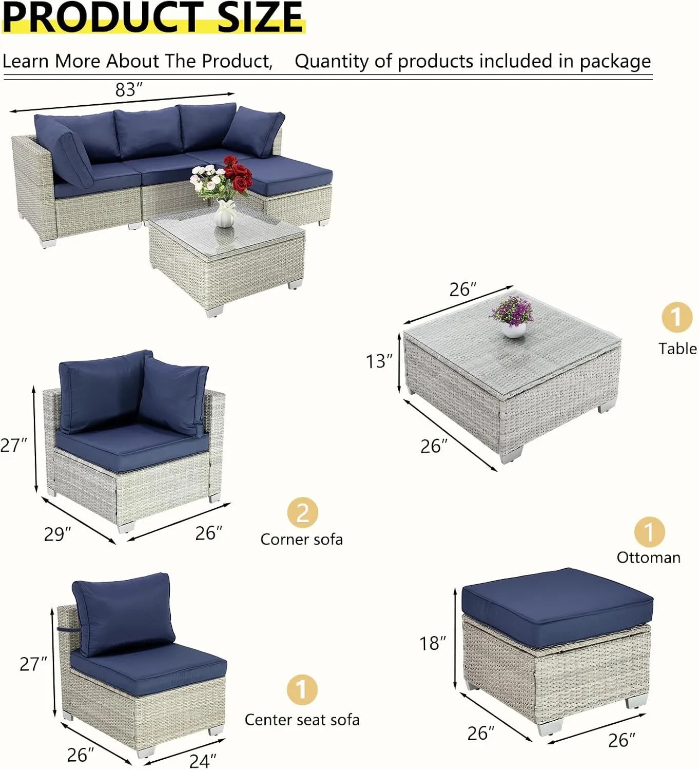 Patio Furniture Set 5 Piece Outdoor Patio Sectional Furniture Conversation Set Wicker Porch Couch Sofa Seat for Backyard Garden Poolside(Grey/Navy Blue)
