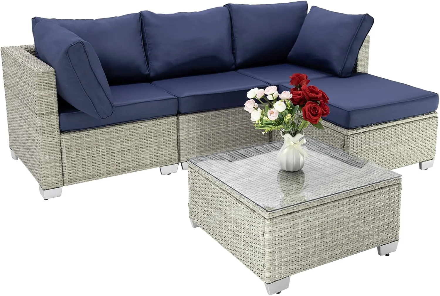 Patio Furniture Set 5 Piece Outdoor Patio Sectional Furniture Conversation Set Wicker Porch Couch Sofa Seat for Backyard Garden Poolside(Grey/Navy Blue)