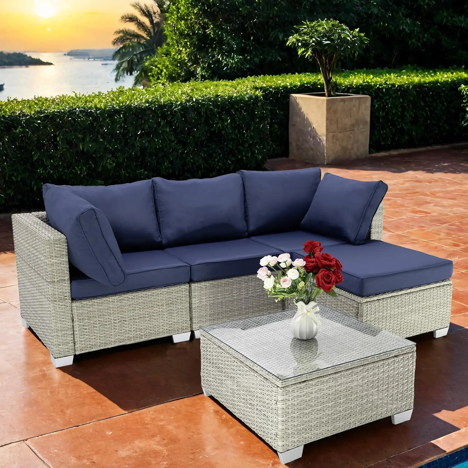 Patio Furniture Set 5 Piece Outdoor Patio Sectional Furniture Conversation Set Wicker Porch Couch Sofa Seat for Backyard Garden Poolside(Grey/Navy Blue)