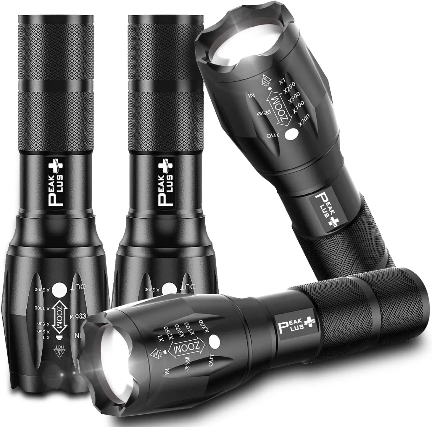 PeakPlus LED Flashlights High Lumens, Tactical Flash Lights [4 Pack] - Super Bright Waterproof Zoomable 5 Modes - Powerful Handheld Flashlight for Emergencies, Camping, Outdoor, Dog Walking
