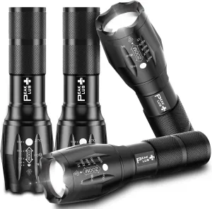 PeakPlus LED Flashlights High Lumens, Tactical Flash Lights [4 Pack] - Super Bright Waterproof Zoomable 5 Modes - Powerful Handheld Flashlight for Emergencies, Camping, Outdoor, Dog Walking