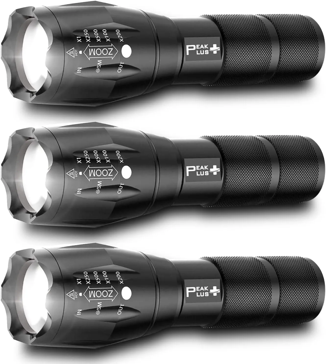 PeakPlus LED Tactical Flashlights High Lumens, Zoomable, 5 Modes Bright LED Flashlights for Emergencies, Camping, Outdoor LED Flash Lights Battery Powered, Handheld Flashlights (3 Pack) LFX1050