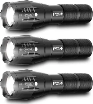 PeakPlus LED Tactical Flashlights High Lumens, Zoomable, 5 Modes Bright LED Flashlights for Emergencies, Camping, Outdoor LED Flash Lights Battery Powered, Handheld Flashlights (3 Pack) LFX1050