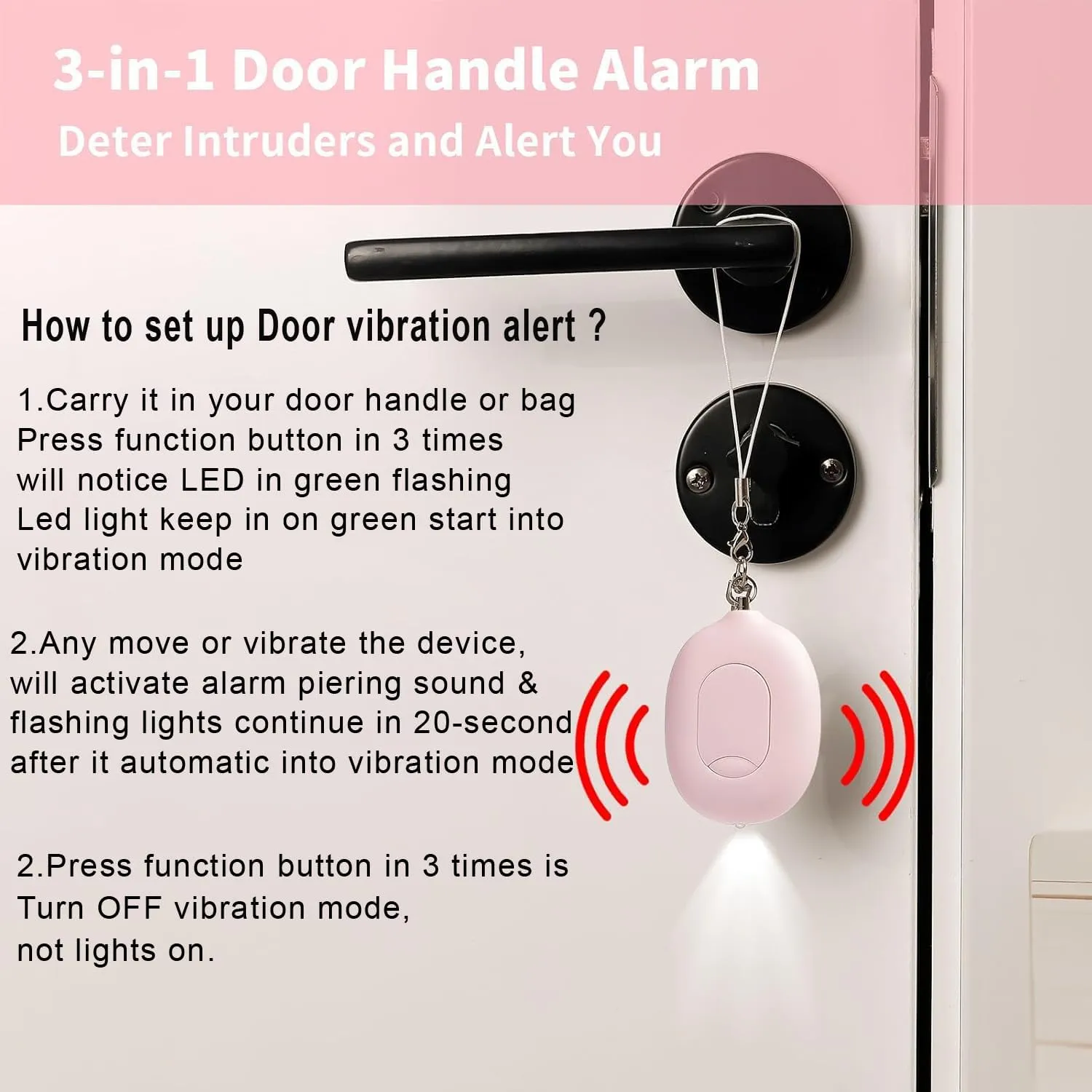 Personal Safety Alarm & Door Handle Alarm & Pepper Spray Combo for Women, 130dB Self Defence Keychain & Led Light & Max Strength Pepper Spray Gel, Rechargeable, Gift for Women (Pink/Pink)