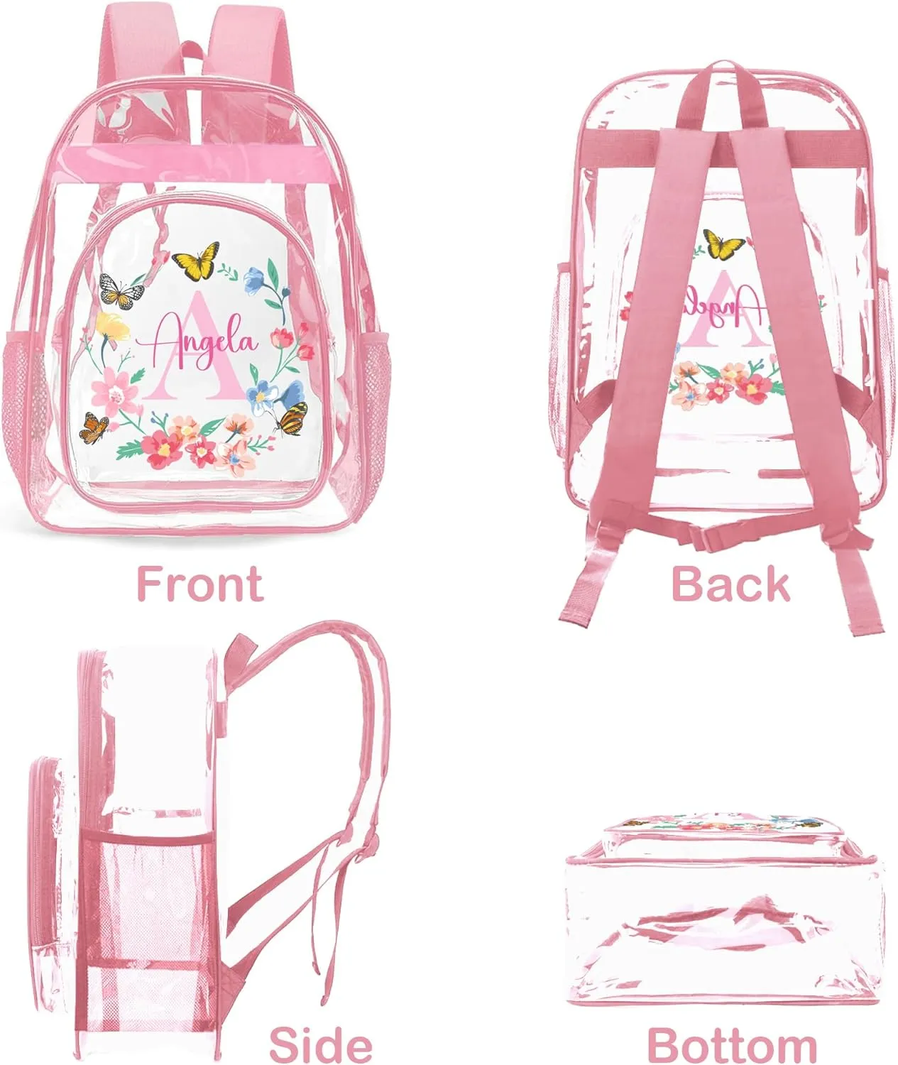 Personalized Clear Backpacks with Name, Custom Butterfly Clear Backpack for Gifts, with Reinforced Strap & Large Capacity PVC Transparent Waterproof Backpacks for Travel Camping Work