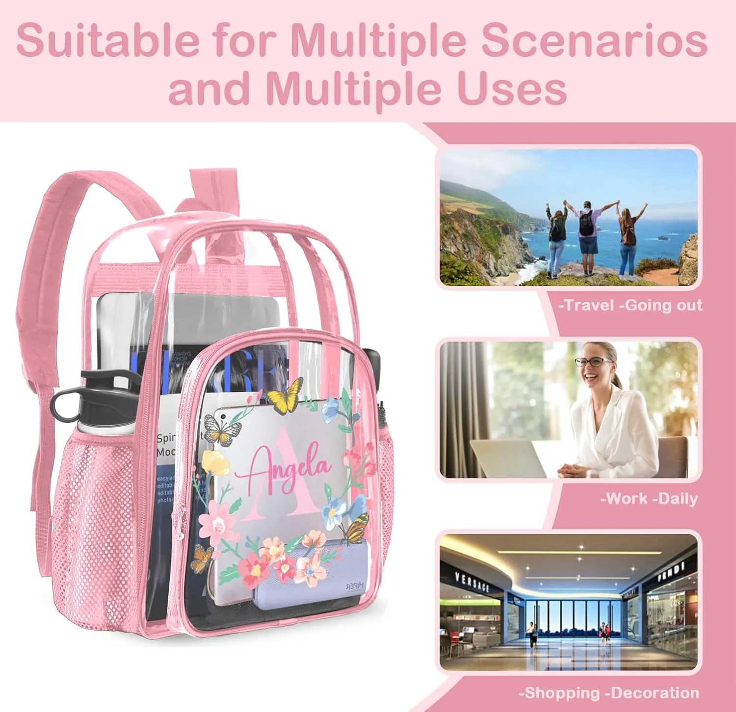 Personalized Clear Backpacks with Name, Custom Butterfly Clear Backpack for Gifts, with Reinforced Strap & Large Capacity PVC Transparent Waterproof Backpacks for Travel Camping Work