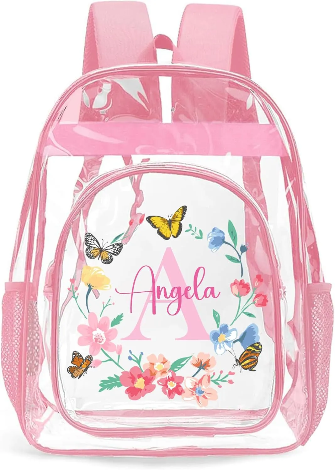 Personalized Clear Backpacks with Name, Custom Butterfly Clear Backpack for Gifts, with Reinforced Strap & Large Capacity PVC Transparent Waterproof Backpacks for Travel Camping Work