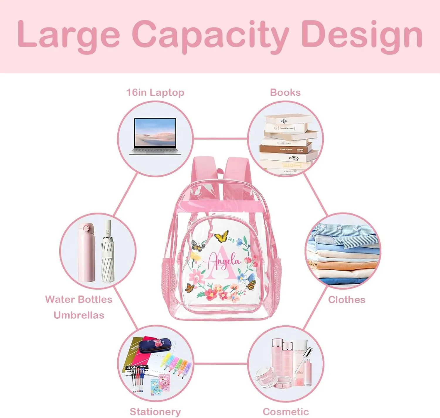 Personalized Clear Backpacks with Name, Custom Butterfly Clear Backpack for Gifts, with Reinforced Strap & Large Capacity PVC Transparent Waterproof Backpacks for Travel Camping Work