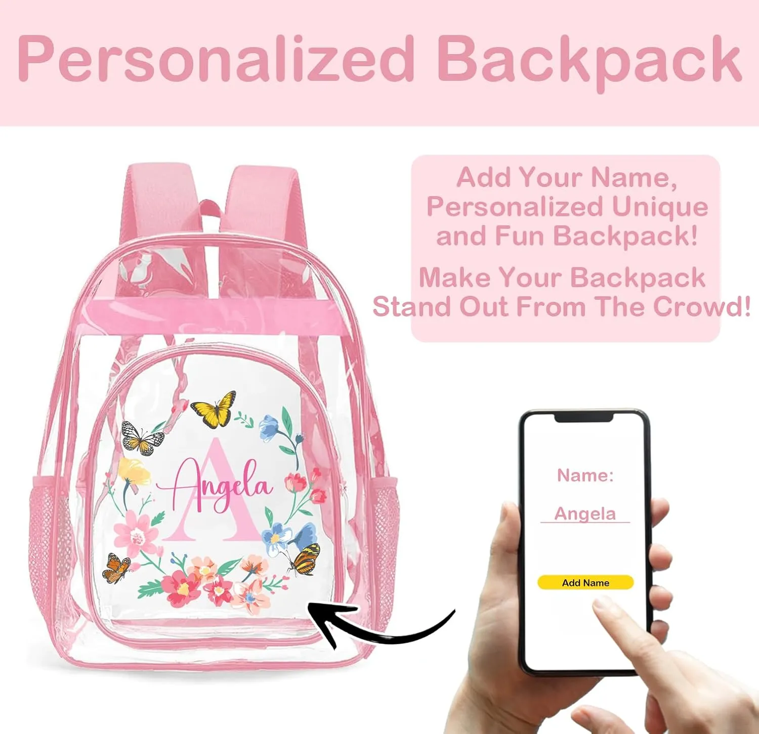 Personalized Clear Backpacks with Name, Custom Butterfly Clear Backpack for Gifts, with Reinforced Strap & Large Capacity PVC Transparent Waterproof Backpacks for Travel Camping Work