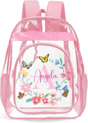Personalized Clear Backpacks with Name, Custom Butterfly Clear Backpack for Gifts, with Reinforced Strap & Large Capacity PVC Transparent Waterproof Backpacks for Travel Camping Work