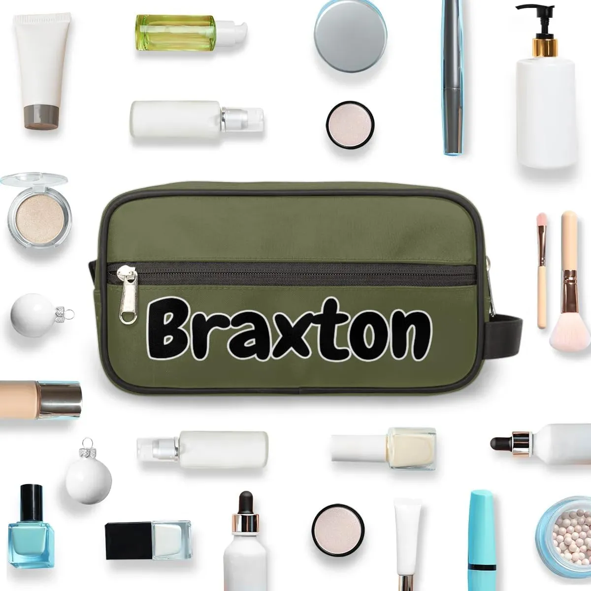 Personalized Toiletry Bag for Women Custom Name Waterproof Cosmetic Makeup Bag Shaving Bag for Men Bathroom Travel Storage Bags with Handle for Work, Army Green