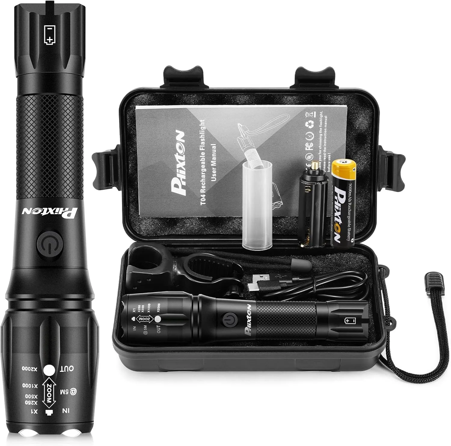 PHIXTON Rechargeable Flashlights High Lumens, USB C Chargeable LED Flashlight, Bright Strong Handheld Flash Lights, Long Lasting, Adjustable Focus, 5 Modes, for Emergencies Hiking Gift
