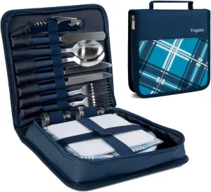 Picnic Set for 2 - Includes 16 Pcs, Portable Travel Utensils with Case, Reusable Camping Cutlery Plates, Stainless Steel of Spoons and Forks, for Hiking, Camp, BBQ, Gift (Blue)