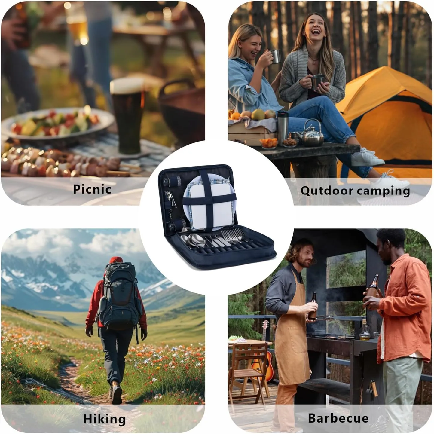 Picnic Set for 2 - Includes 16 Pcs, Portable Travel Utensils with Case, Reusable Camping Cutlery Plates, Stainless Steel of Spoons and Forks, for Hiking, Camp, BBQ, Gift (Blue)