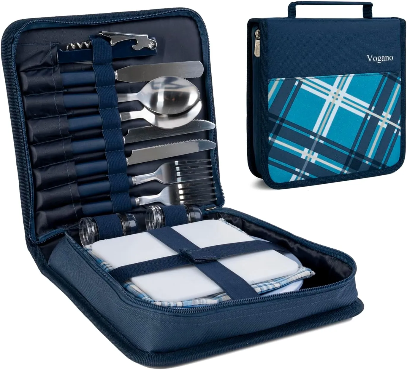 Picnic Set for 2 - Includes 16 Pcs, Portable Travel Utensils with Case, Reusable Camping Cutlery Plates, Stainless Steel of Spoons and Forks, for Hiking, Camp, BBQ, Gift (Blue)