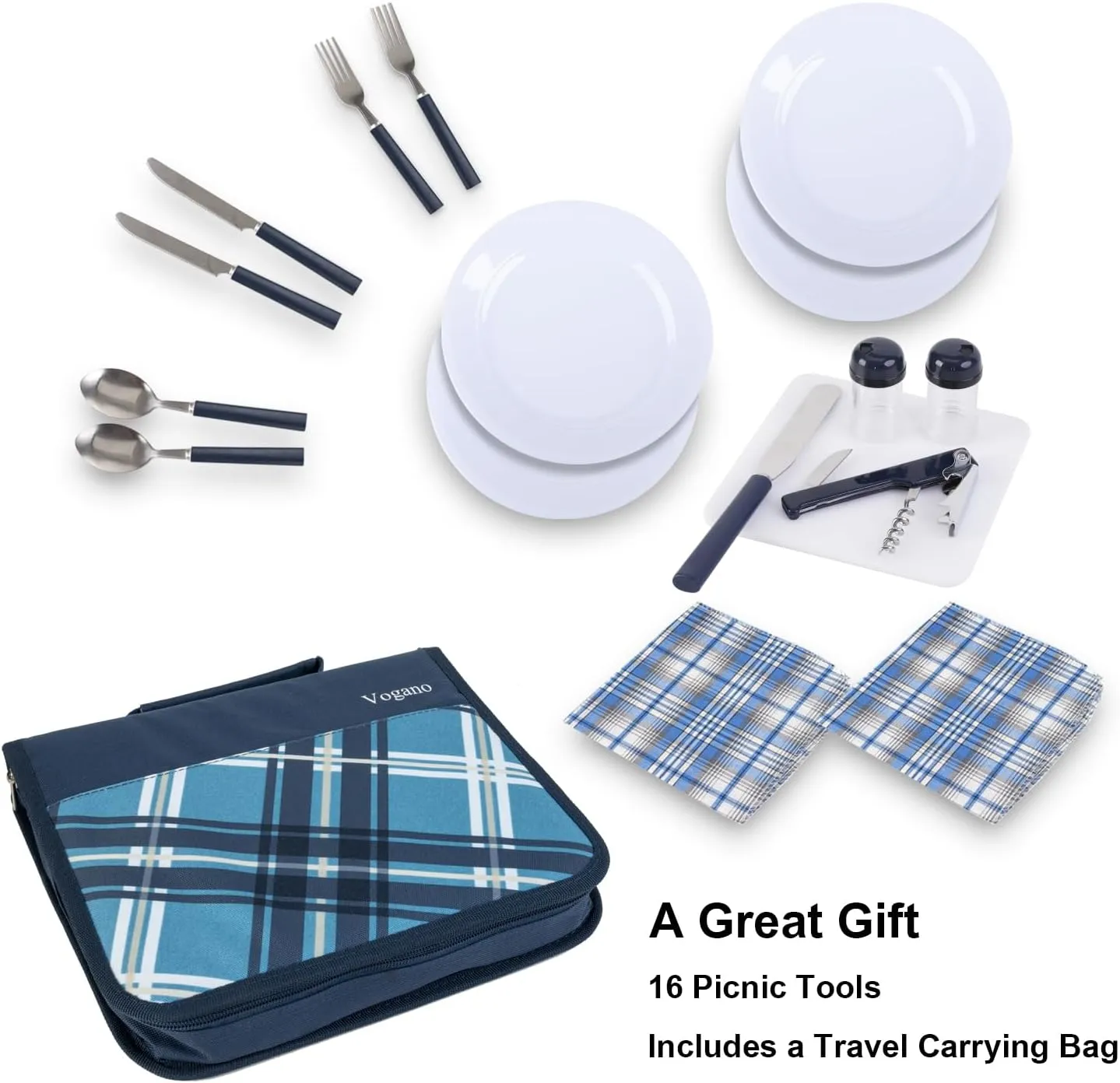 Picnic Set for 2 - Includes 16 Pcs, Portable Travel Utensils with Case, Reusable Camping Cutlery Plates, Stainless Steel of Spoons and Forks, for Hiking, Camp, BBQ, Gift (Blue)