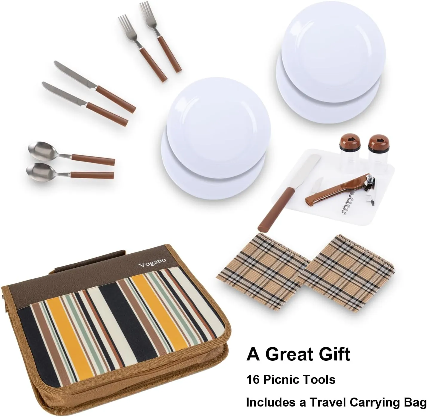 Picnic Set for 2 - Includes 16 Pcs, Portable Travel Utensils with Case, Reusable Camping Cutlery Plates, Stainless Steel of Spoons and Forks, for Hiking, Camp, BBQ, Gift (Brown)
