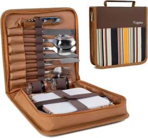 Picnic Set for 2 - Includes 16 Pcs, Portable Travel Utensils with Case, Reusable Camping Cutlery Plates, Stainless Steel of Spoons and Forks, for Hiking, Camp, BBQ, Gift (Brown)