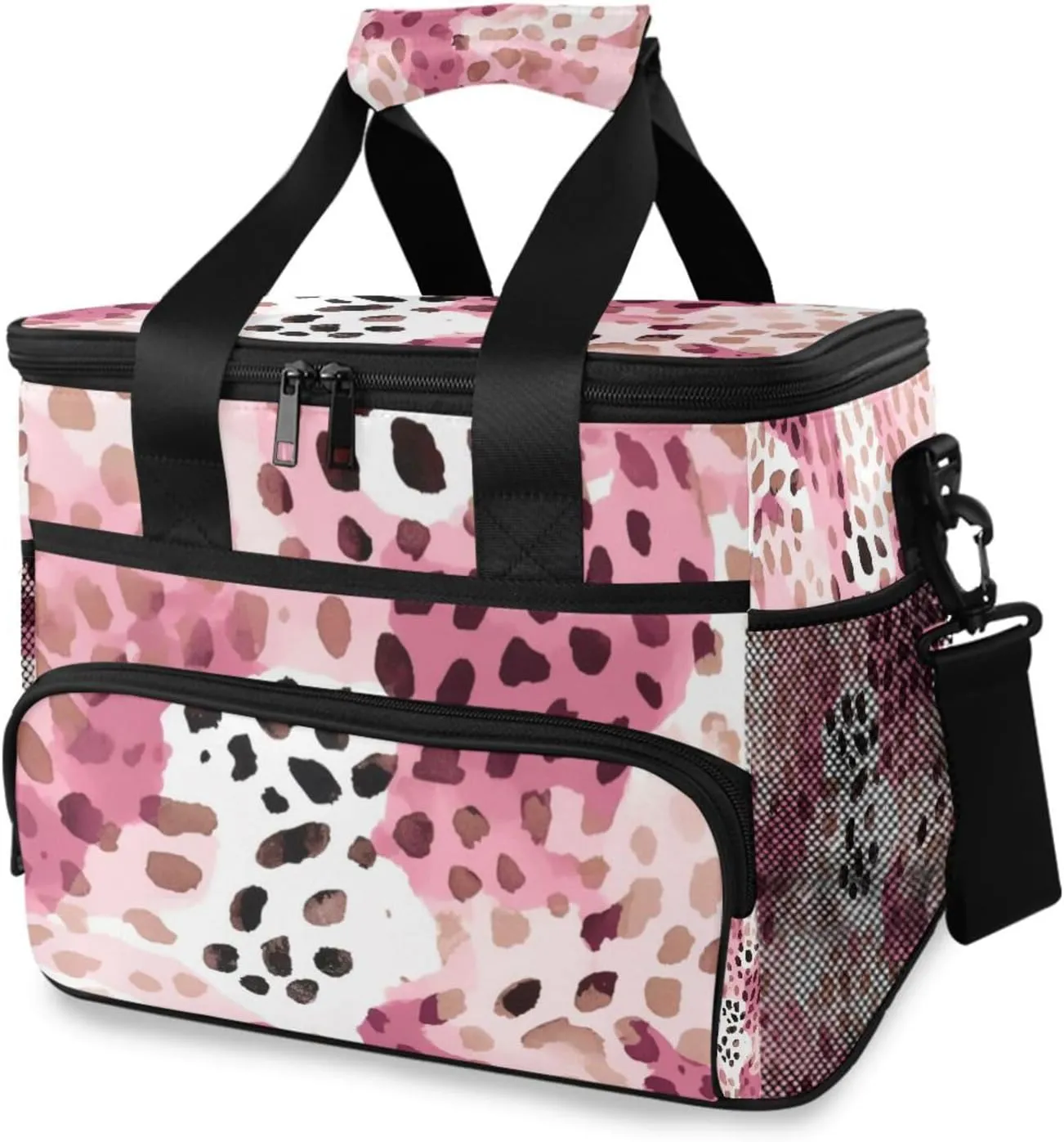Pink Black Leopard Insulated Cooler Bag 24 Cans Large Capacity Lunch Box Leak Proof with Shoulder Strap for Picnic Camping
