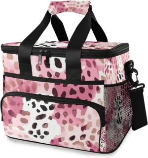 Pink Black Leopard Insulated Cooler Bag 24 Cans Large Capacity Lunch Box Leak Proof with Shoulder Strap for Picnic Camping