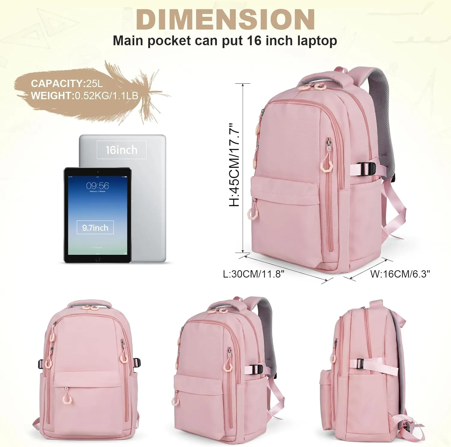 Pink Casual Backpack, 16" Laptop Backpack, Bookbag for College, Light Pink Backpack for Women Travel
