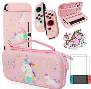 Pink Unicorn Carrying Case Compatible with Nintendo Switch (Not OLED or Lite) with Dockable Protective Grip Case  Screen Protector  Unicorn Stickers, Hard Storage Case Accessories Kit Bundle for Girls