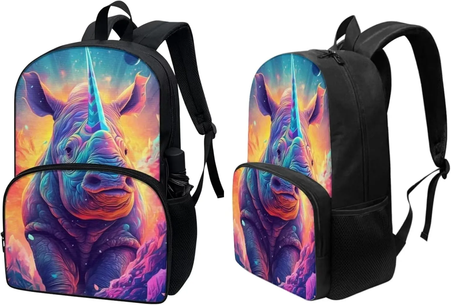 PinUp Angel Purple Aqua Blue Rhinoceros Print Colorful Animal Bookbag Cute Animal Pattern Schoolbag with Lunch Bag Pencil Bag, Business Laptop Roomy Backpack Bookbag for Hiking Traveling Camping
