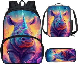 PinUp Angel Purple Aqua Blue Rhinoceros Print Colorful Animal Bookbag Cute Animal Pattern Schoolbag with Lunch Bag Pencil Bag, Business Laptop Roomy Backpack Bookbag for Hiking Traveling Camping