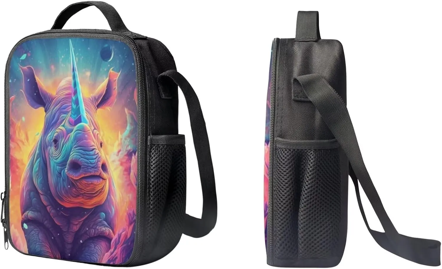 PinUp Angel Purple Aqua Blue Rhinoceros Print Colorful Animal Bookbag Cute Animal Pattern Schoolbag with Lunch Bag Pencil Bag, Business Laptop Roomy Backpack Bookbag for Hiking Traveling Camping