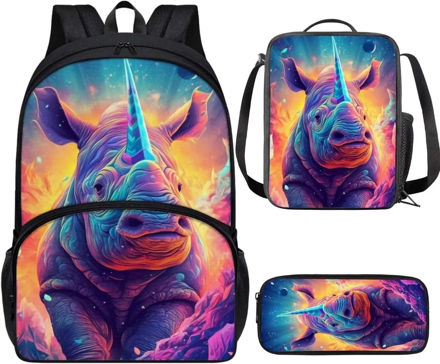 PinUp Angel Purple Aqua Blue Rhinoceros Print Colorful Animal Bookbag Cute Animal Pattern Schoolbag with Lunch Bag Pencil Bag, Business Laptop Roomy Backpack Bookbag for Hiking Traveling Camping