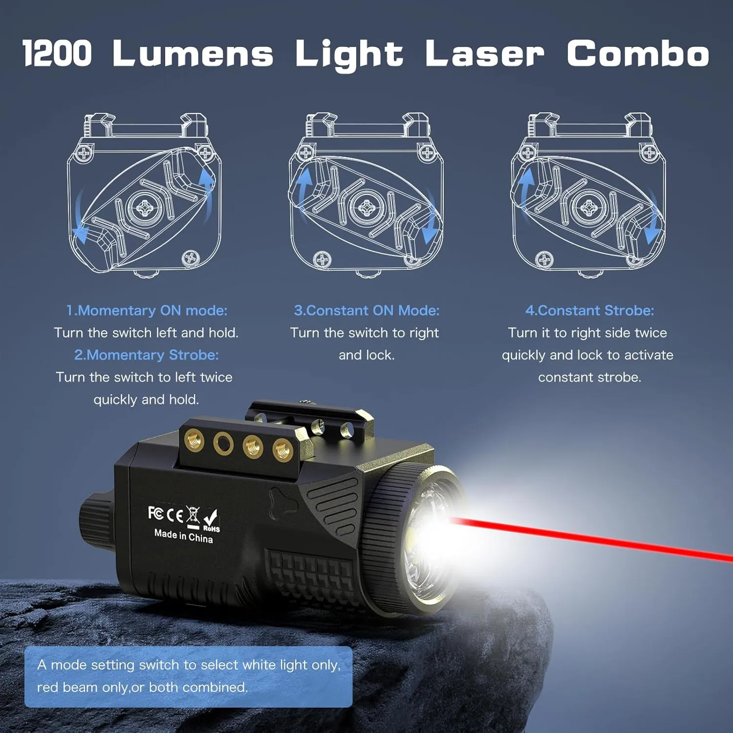Pistol Laser Light Combo - 1200 Lumens Red Laser Beam Flashlight for Glock Handgun with Picatinny 1913 or GL Rail, Tactical Gun Laser and Flashlight, Rechargeable 1000mAh Battery(3''*2'')