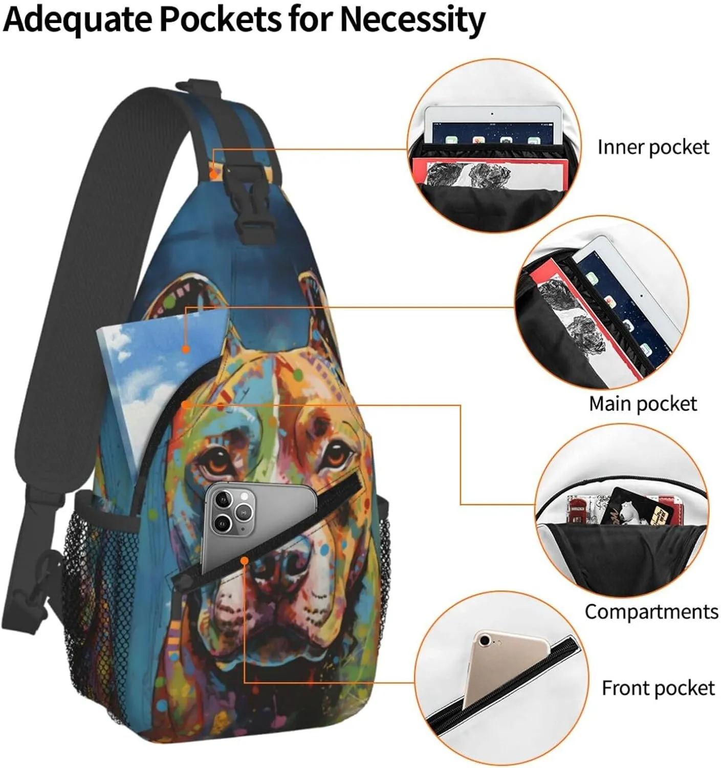 Pitbull Florescent Dog Sling Backpack for Women Men, Chest Bag Daypack Crossbody for Travel Sport Running Hiking