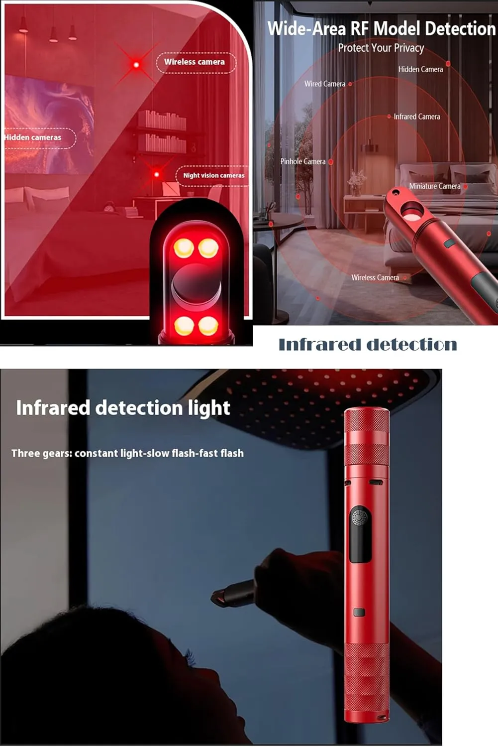 Portable 3 in 1 LED Zoomable Flashlight with Hidden Camera Detectors and Door Alarm Warning,Rechargeable Self Protective Tactical Flashlight for Travel,Camping,Emergency,Gifts For Men&Women (Black)