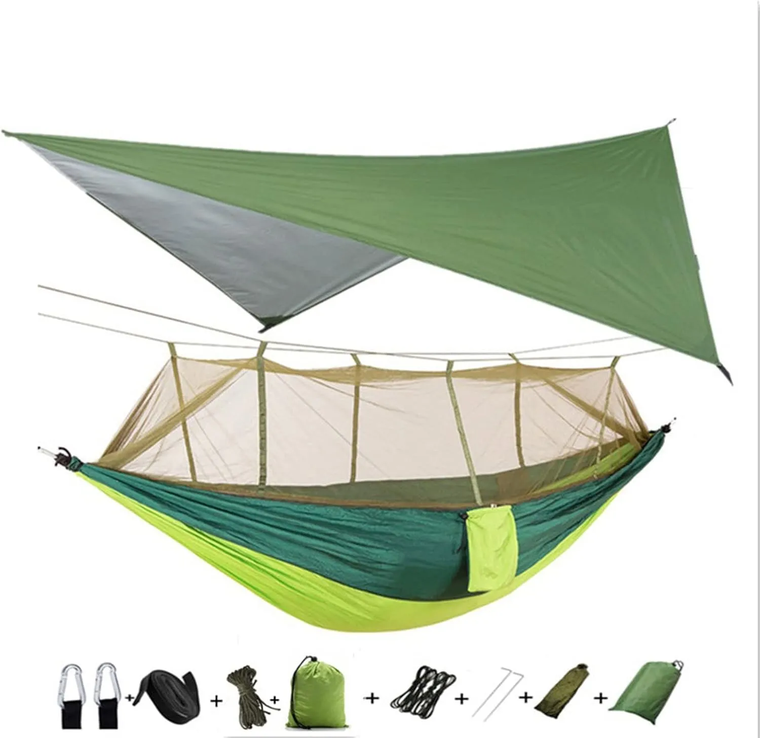 Portable Hammock Lightweight Portable Camping Hammock and Tent Awning Rain Fly Tarp Waterproof Mosquito Net Hammock Canopy Nylon Hammocks (Color : Green and Camouflage) (Green and LightGreen)