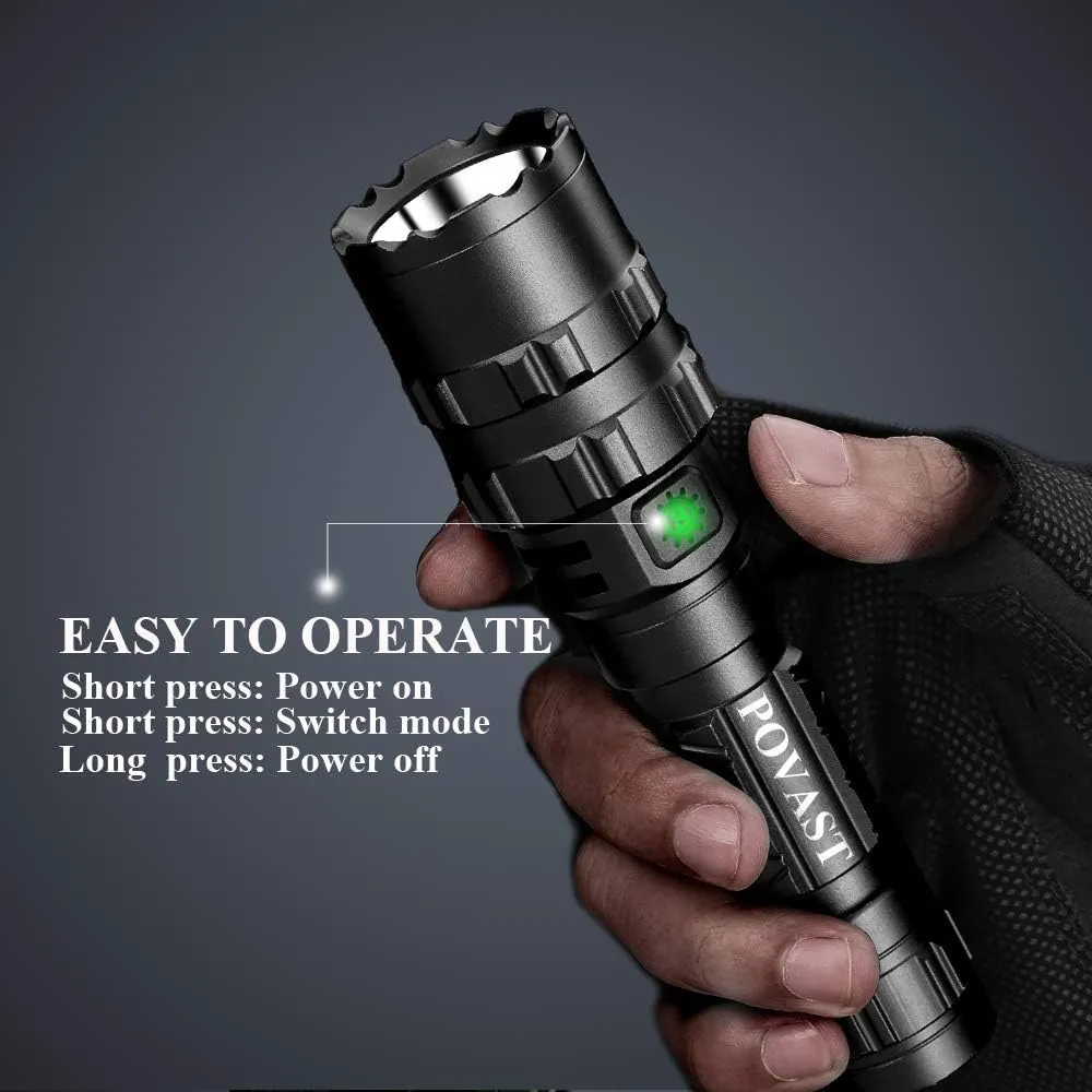 POVAST Green Hunting Flashlight, Zoomable Light with Scope Mount and Pressure Switch, 1200 Lumens Waterproof Weaponlight, USB Rechargeable Flashlight for Outdoor Hunting, Matte Black