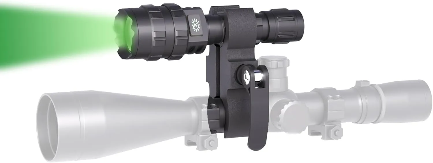 POVAST Green Hunting Flashlight, Zoomable Light with Scope Mount and Pressure Switch, 1200 Lumens Waterproof Weaponlight, USB Rechargeable Flashlight for Outdoor Hunting, Matte Black