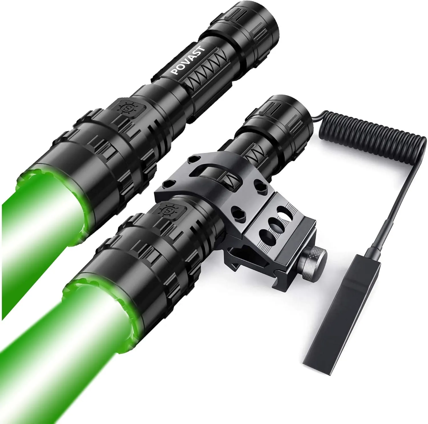 POVAST Green Light Tactical Flashlight Fixed Focus and Zoomable Focus Set, Hunting Torch