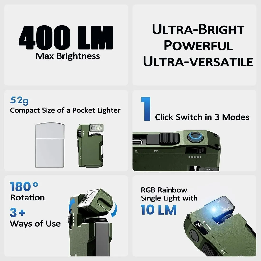 Priormer Flashlight, G5 EDC Light 400 Lumens, Compact Rechargeable Flashlight with 180° Rotatable Head, Multi-Mode LED, Ultra-Bright Keychain Torch for Camping, Hiking, Emergency (Green Black)