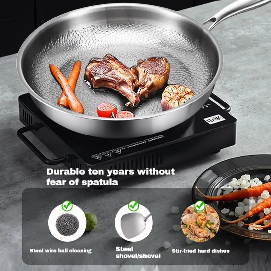 Pure Titanium Hammered Pan Pro, 10.24,11,11.8 Inch Ultra-Durable Scratch-Resistant Non Stick, Dishwasher-Safe Frying Pans for Cooking, Even Heating Compatible with All Cooktops (no lid, 10.24in)