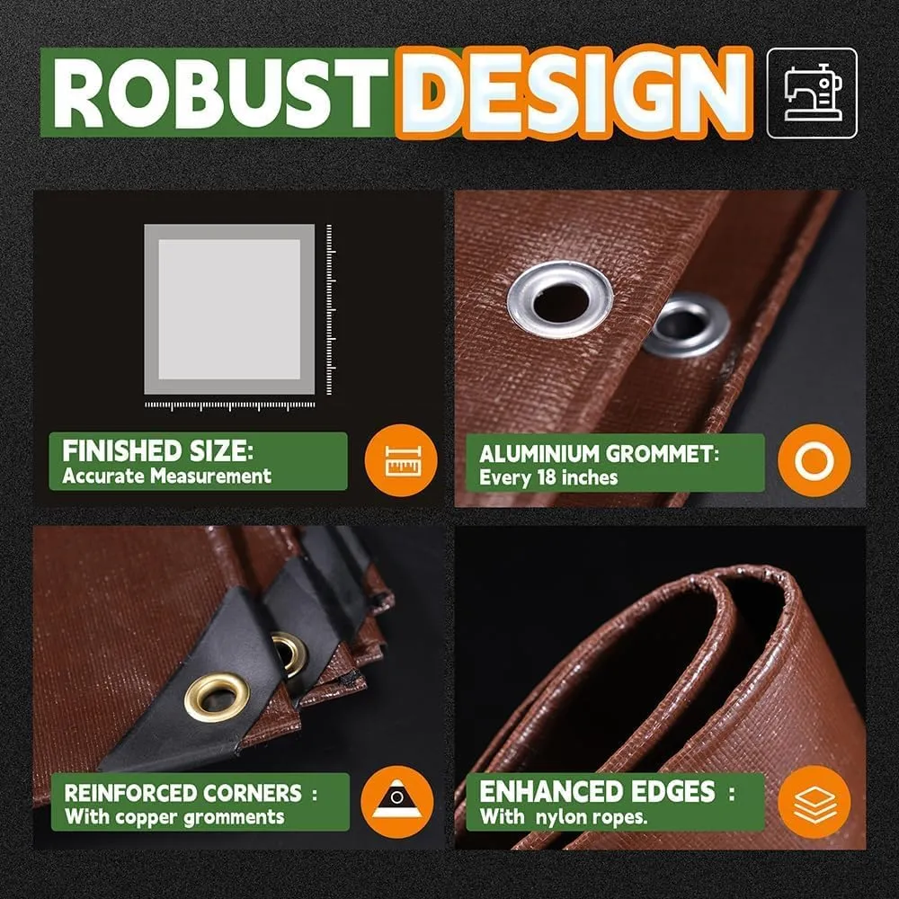 RAINDEWAY 8x8 Feet Super Heavy Duty 18 Mil Brown Poly Tarp Cover, UV Resistant, Weatherproof, Multipurpose Waterproof Poly Tarp with Grommets and Reinforced Edges
